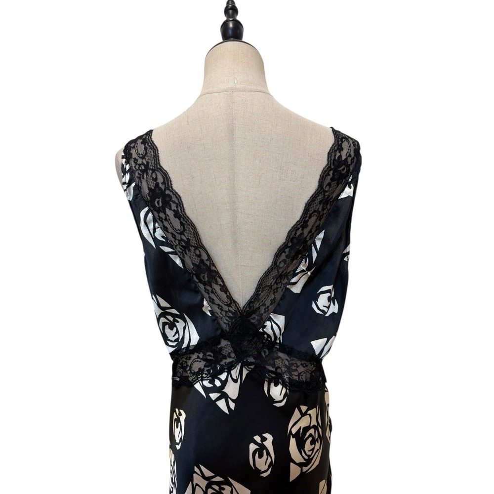Topshop Black Satin Slip Dress Lace Rose Print Sz 8 Dark Coquette Whimsigoth - Picture 8 of 11